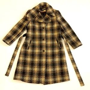 DKNY Coat 10 Tweed Brown Cream Check Plaid Pockets Belt Wool Excellent Condition